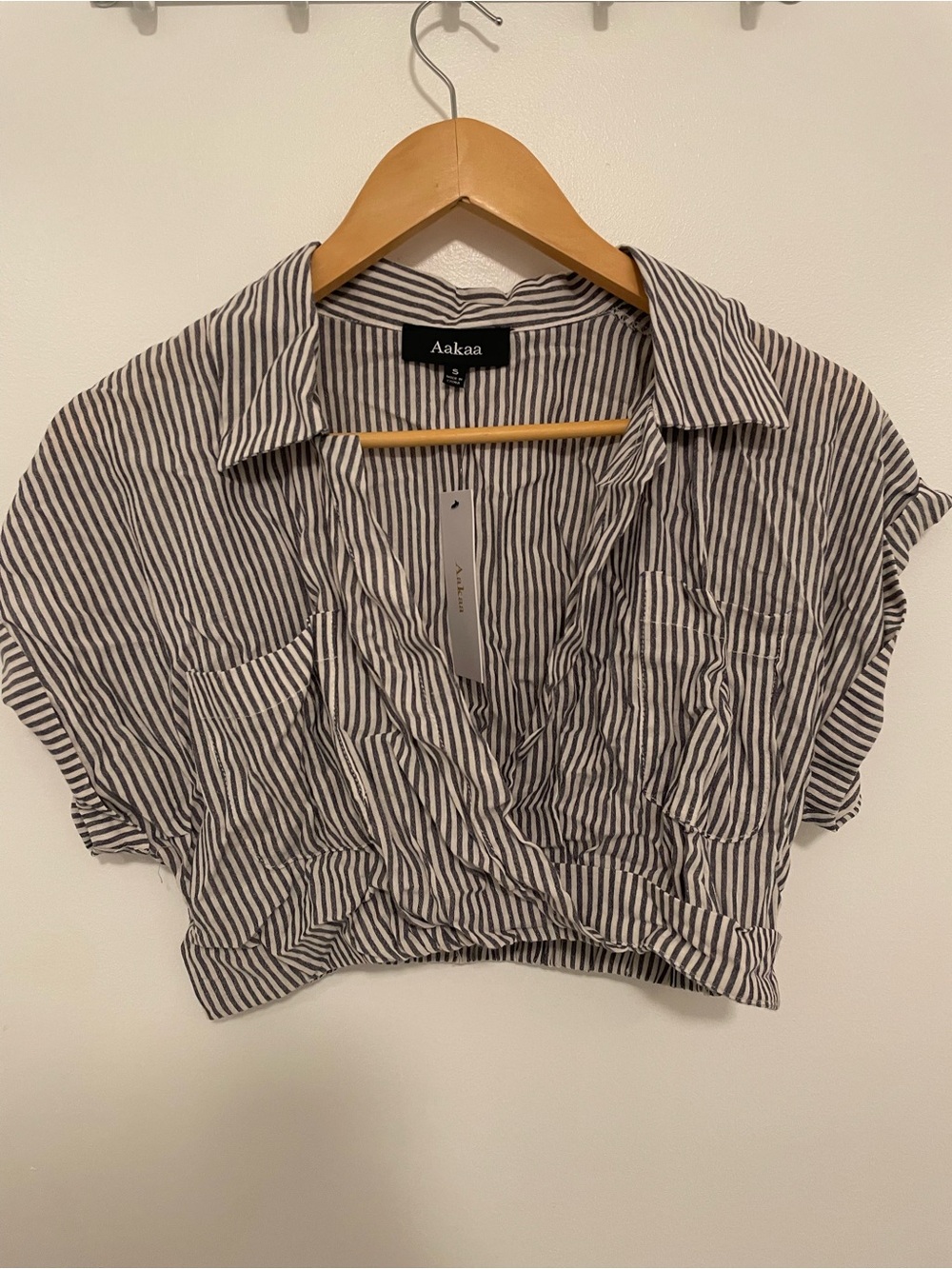 Aakaa Navy and White Striped Cropped Button-Down Top